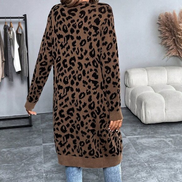 Brown Casual Women's Long Sleeve Leopard Print Long Cardigan Sweater - Picture 2 of 6